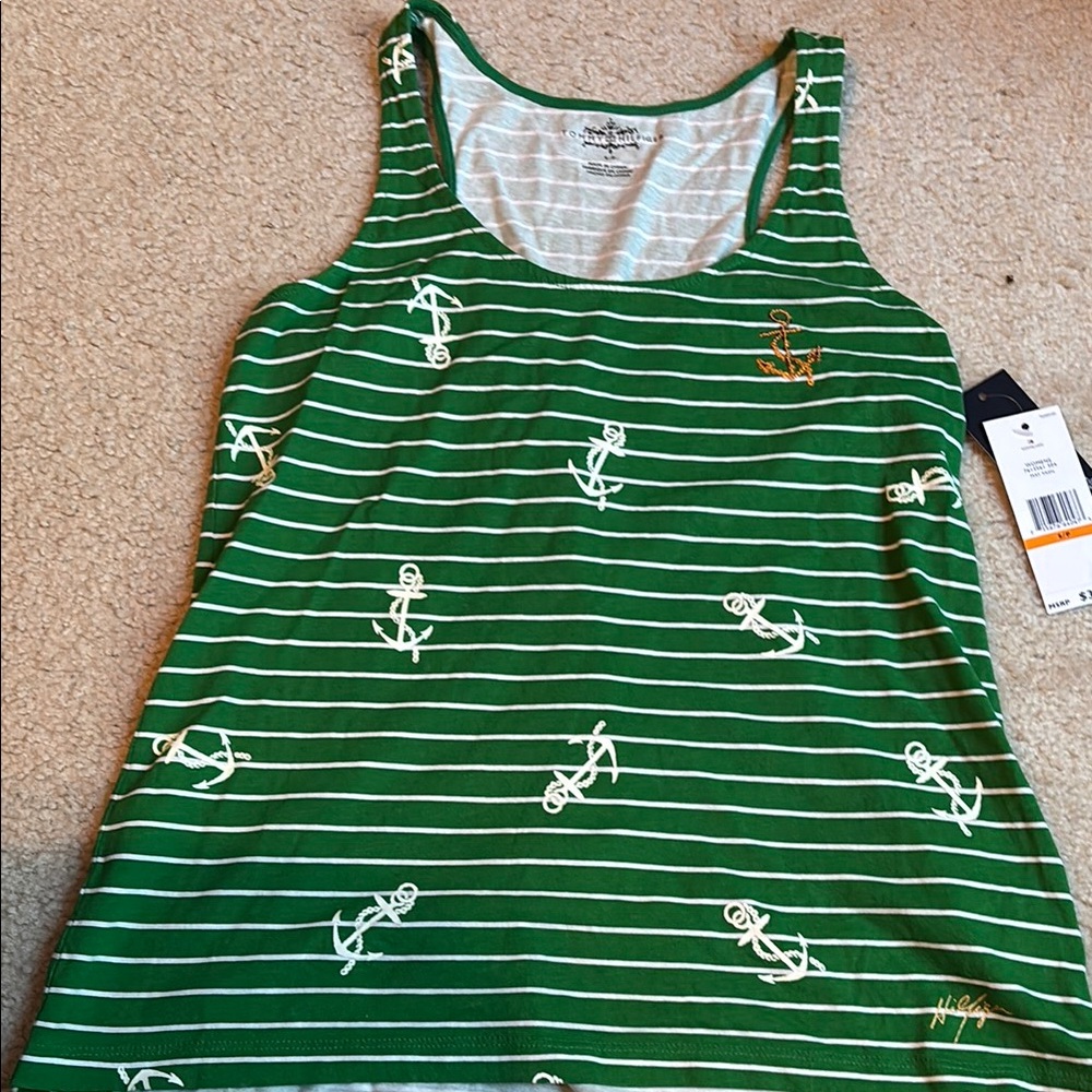Tommy Hilfiger Green and White Relaxed Tank Top